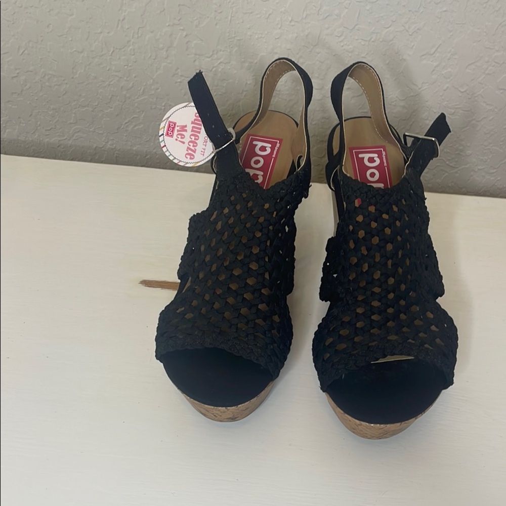 Pop Black Woven Wedge Sandals